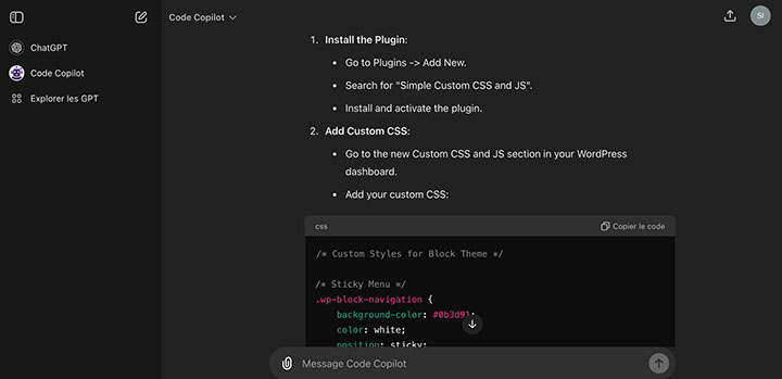 Utilisation de chatGPT pour la personnalisation graphique : installation de plug in ou code CSS... 